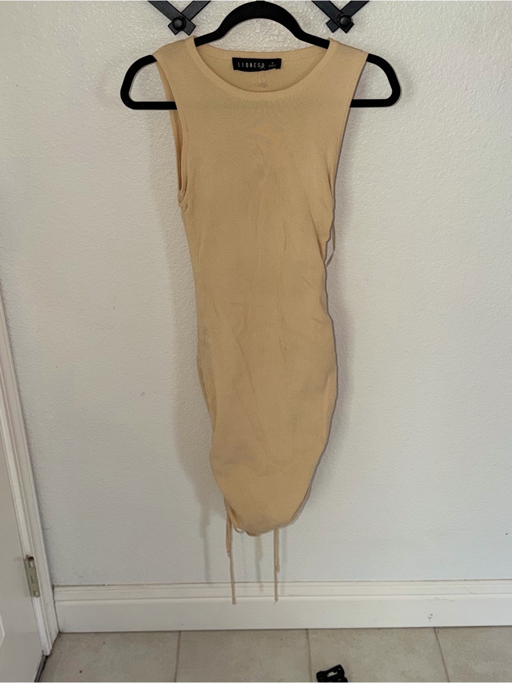 Lioness Military Minds Beige Ruched Drawstring Mini Dress Size Small - Picture 2 of 4